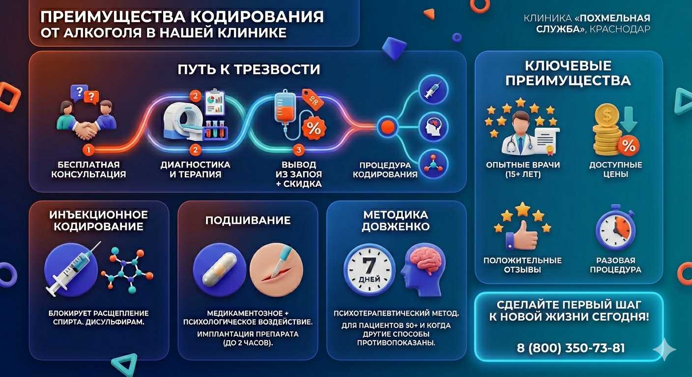 Инфографика о методах кодирования от алкоголя в Львове: инъекции, подшивание, метод Довженко. Преимущества клиники и этапы лечения.